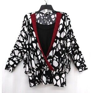 Alfani Blouse Women Size L Black White Dolman Sleeve Layered 2 in 1 Pullover Top